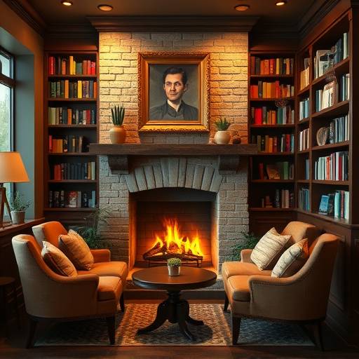 A cozy corner in the cafe featuring a fireplace, comfortable chairs, and bookshelves.