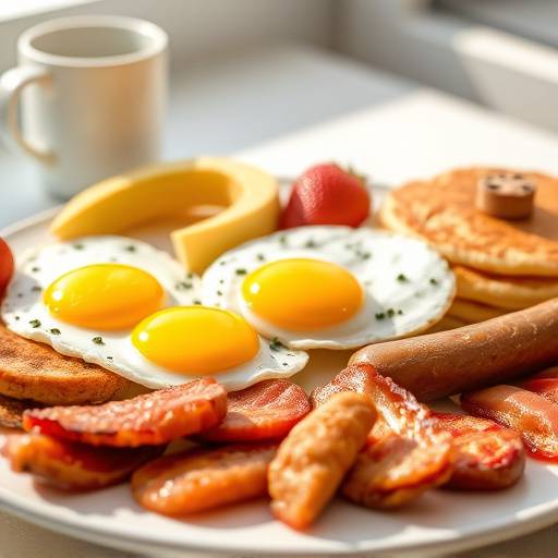 A delicious breakfast platter with eggs, bacon, sausage, pancakes, and fresh fruit.