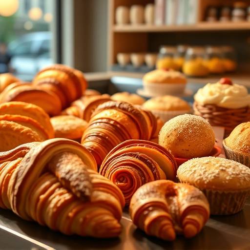 A tempting display of freshly baked pastries including croissants, muffins, and scones.